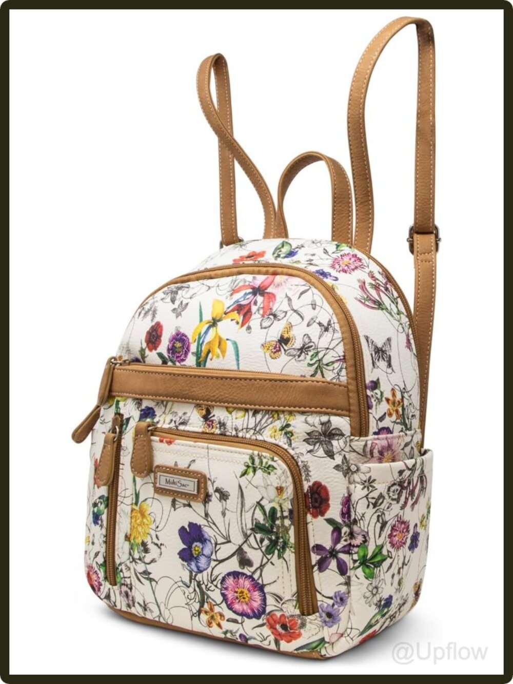 Women's Vegan Leather Backpack Floral Print Zip Around Daypack Adjustable Straps